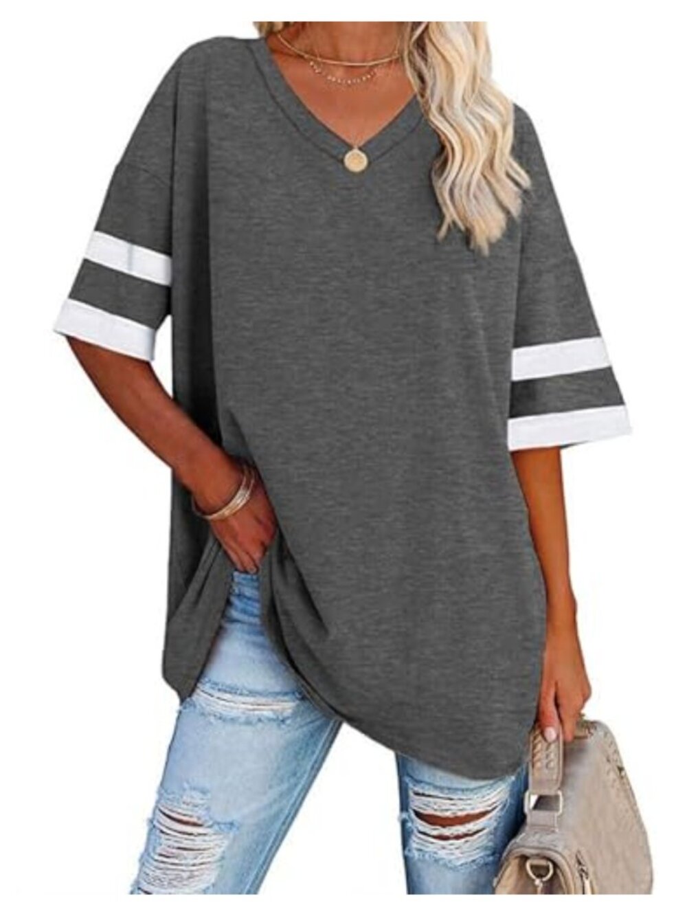 Womens Oversized V-Neck Tunic Tee Striped Half Sleeve Drop Shoulder Top